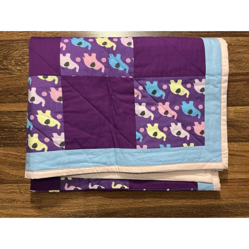 Handmade Patchwork Throw Quilt Checkerboard Pattern Colorful Elephants 58" X 38"